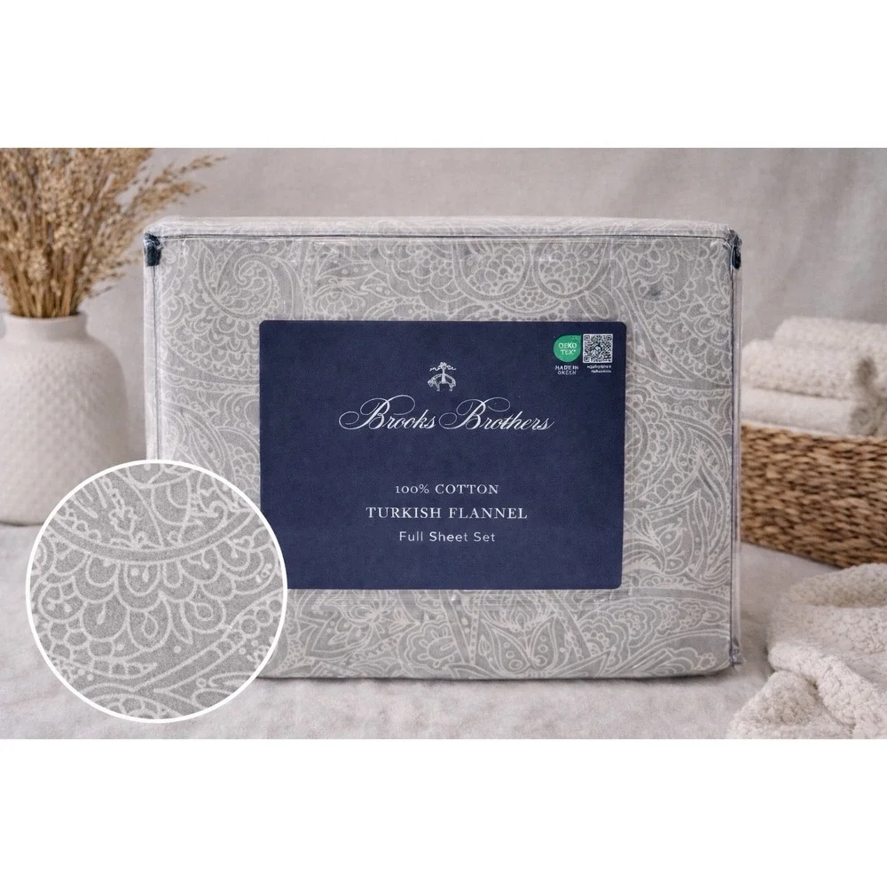 New Brooks Brothers Luxury Turkish Cotton Flannel Sheet Set Gray White Size Full